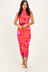 Orange Floral Ruched High Neck Maternity Midi Dress
