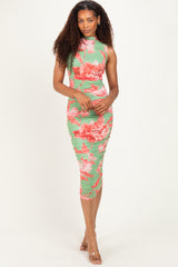 Sage Floral Ruched High Neck Maternity Midi Dress