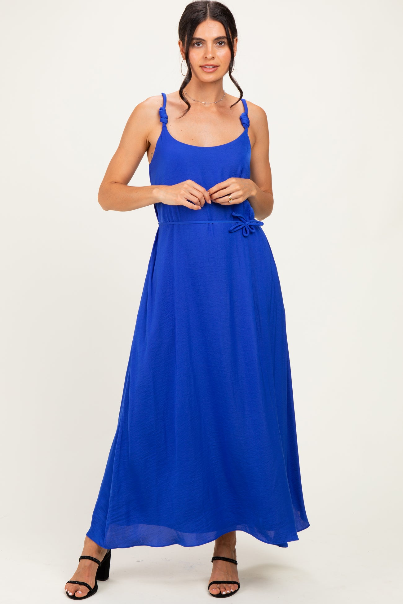 Capri Blue Sleeveless Flower Belt Maxi Dress