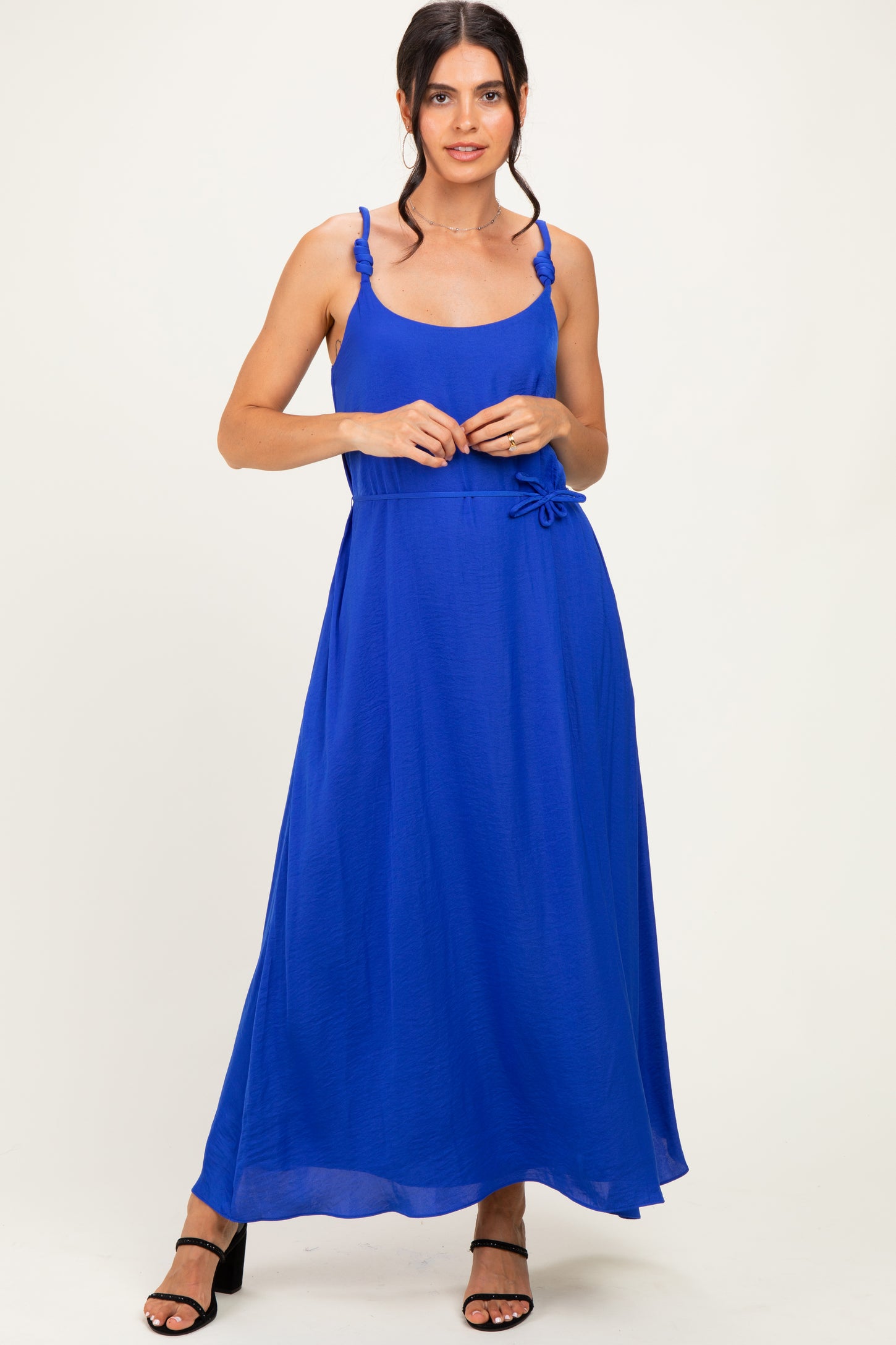Capri Blue Sleeveless Flower Belt Maxi Dress
