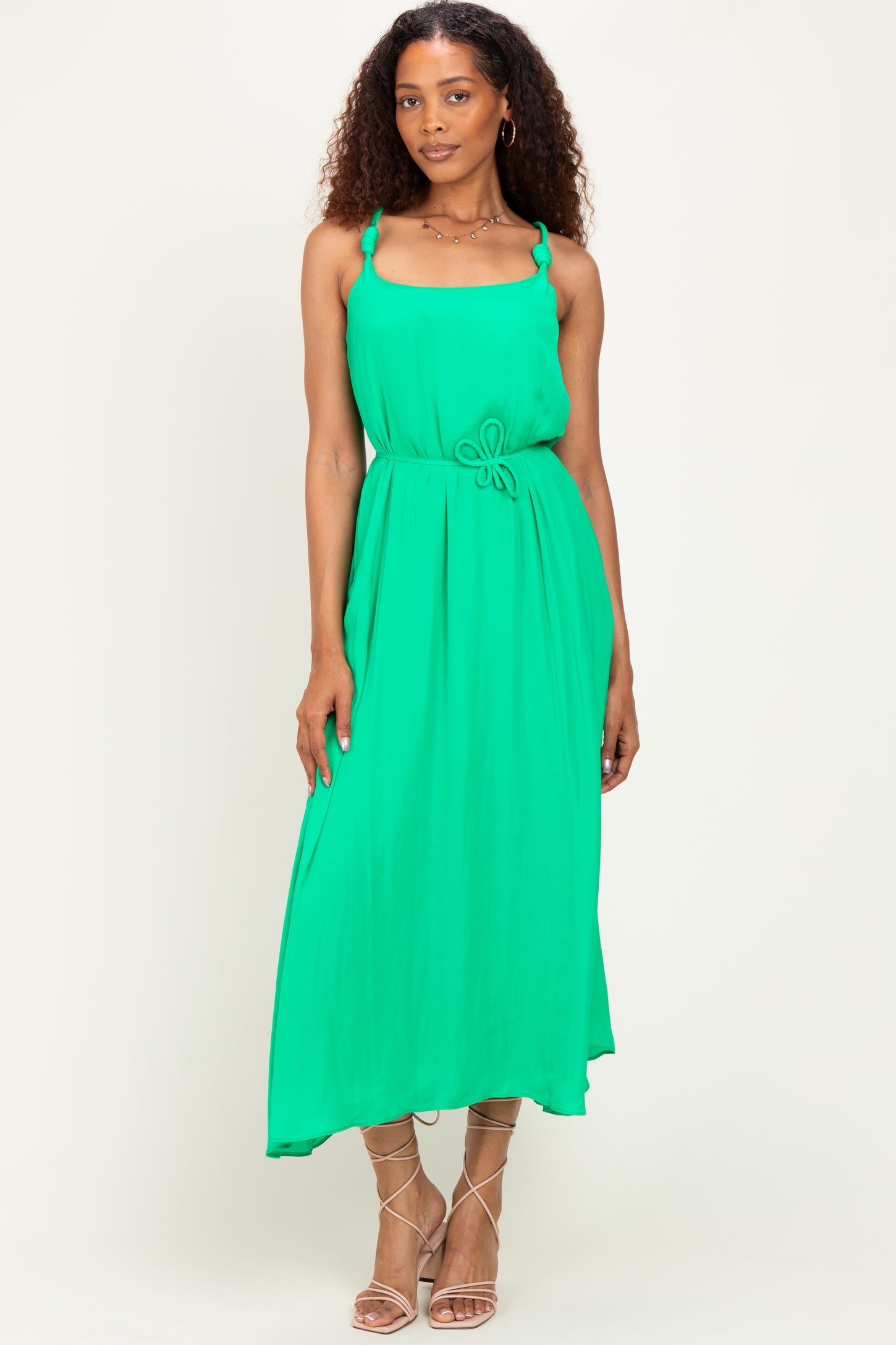 Green Sleeveless Flower Belt Maxi Dress