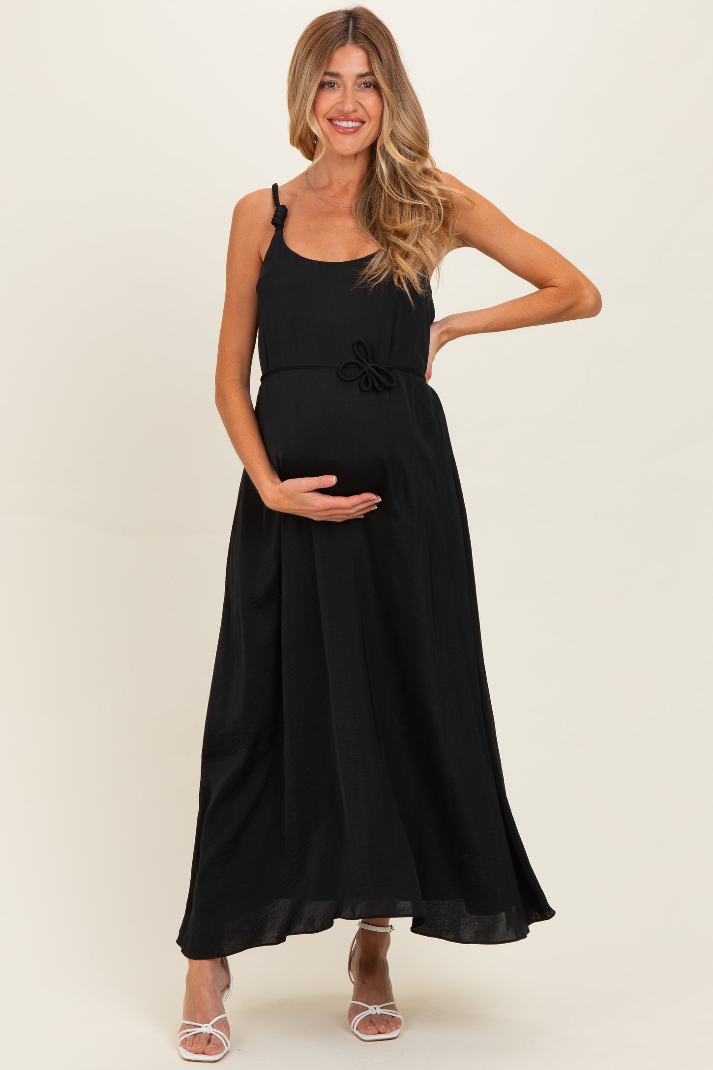 Black Sleeveless Flower Belt Maxi Dress