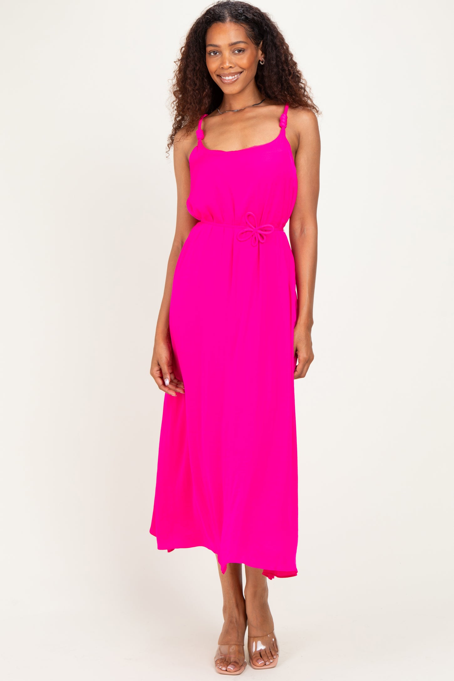 Hot Pink Sleeveless Flower Belt Maxi Dress