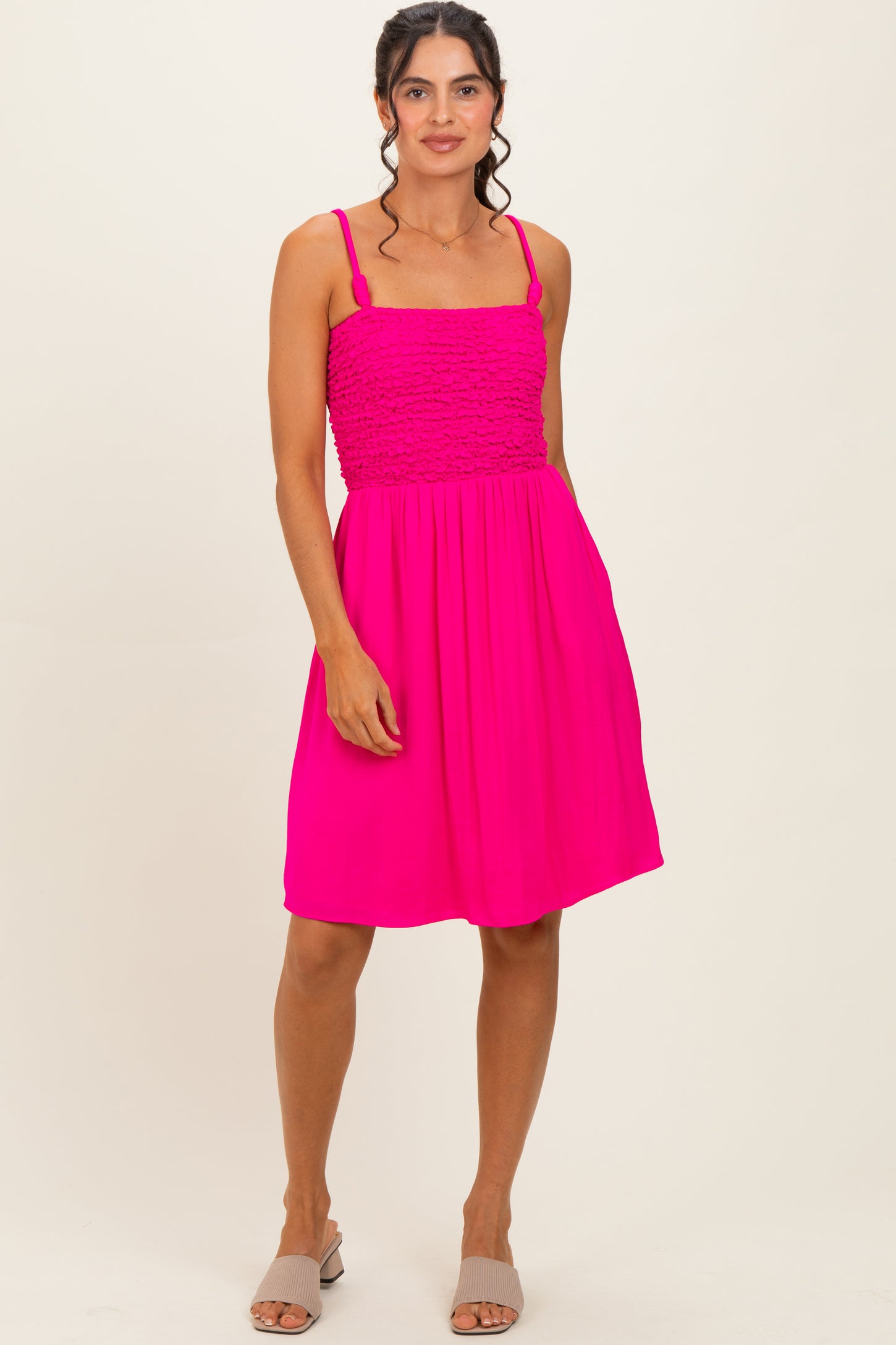Hot Pink Knot Detail Smocked Mini Dress