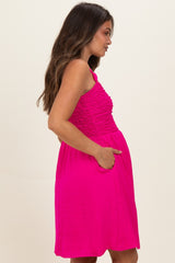 Hot Pink Knot Detail Smocked Maternity Mini Dress