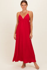 Red V-Neck Open Back Maternity Maxi Dress