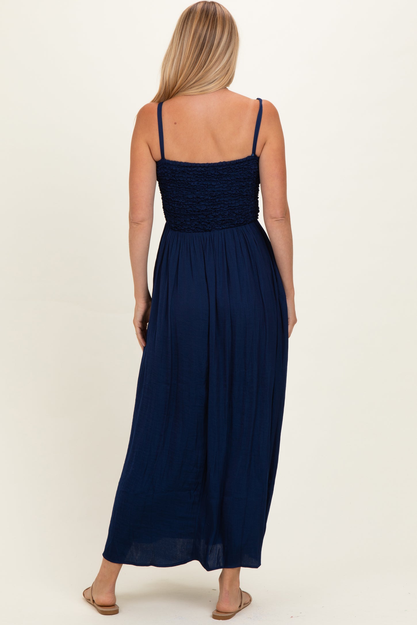 Navy Textured Smocked Maxi Dress