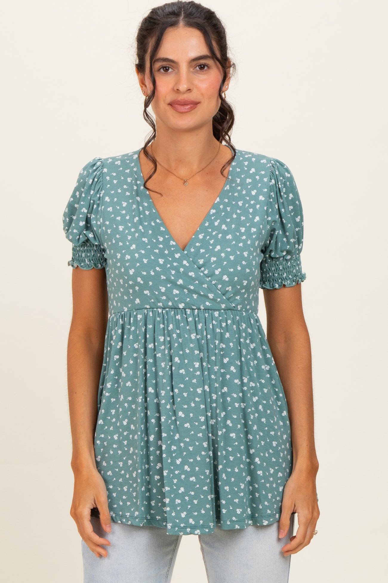 Olive Ditsy Floral Smocked Sleeve Maternity Wrap Top