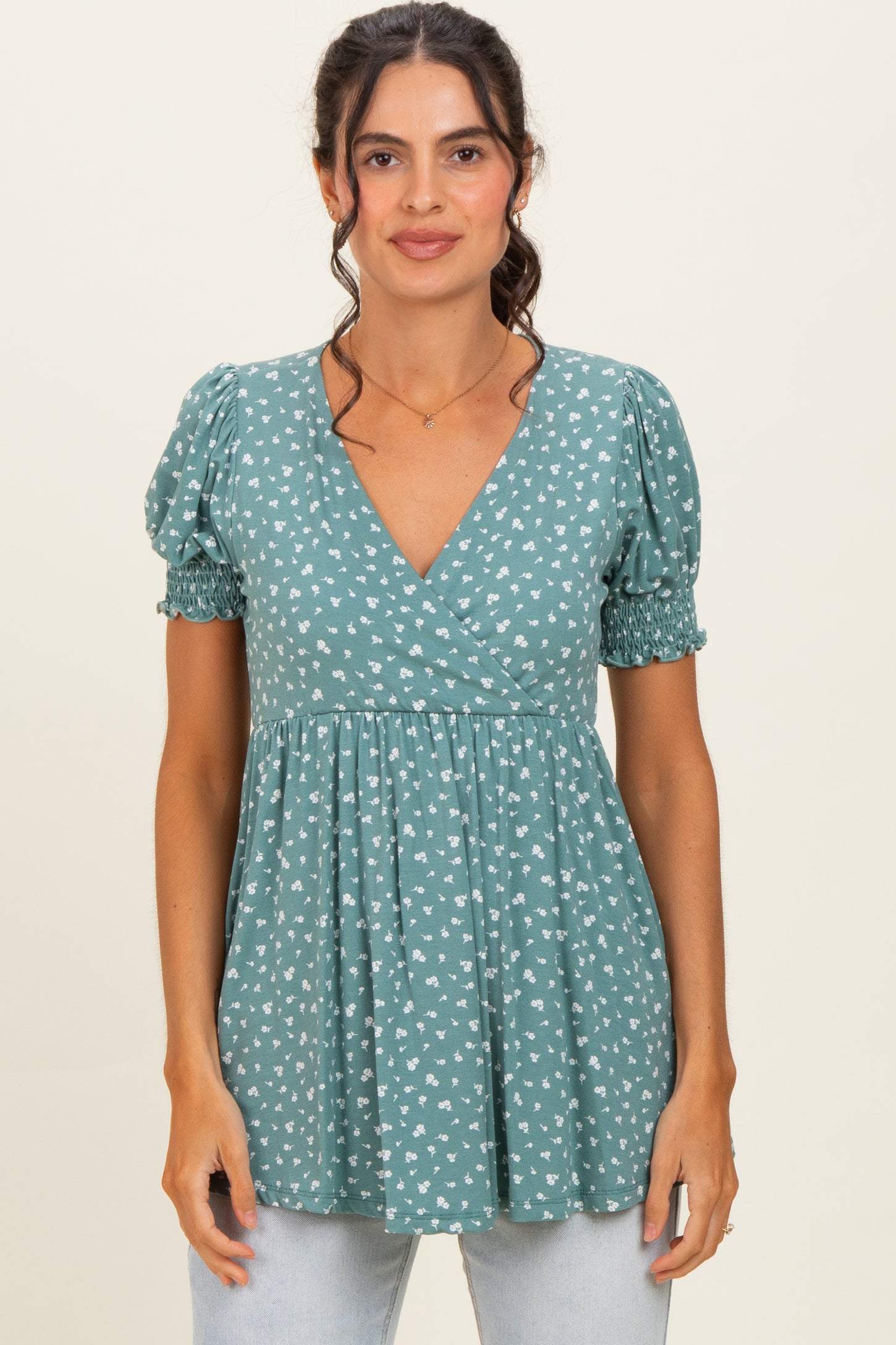 Olive Ditsy Floral Smocked Sleeve Maternity Wrap Top