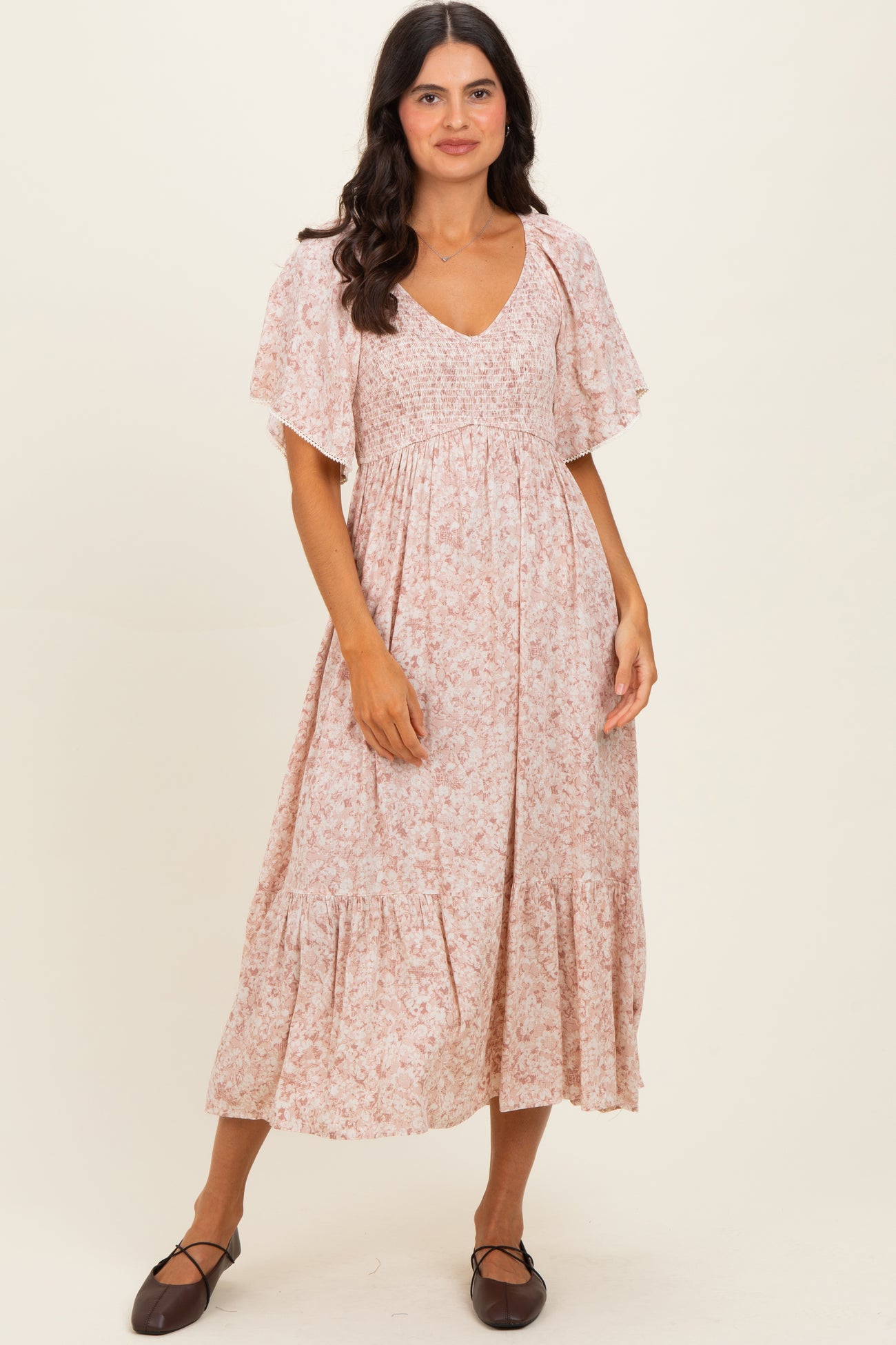 Mauve Flutter Sleeve Floral Print Smocked Chest Ruffled Hem Maternity Dress