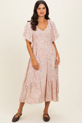 Mauve Flutter Sleeve Floral Print Smocked Chest Ruffled Hem Maternity Dress