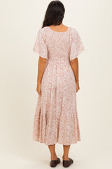 Mauve Flutter Sleeve Floral Print Smocked Chest Ruffled Hem Dress