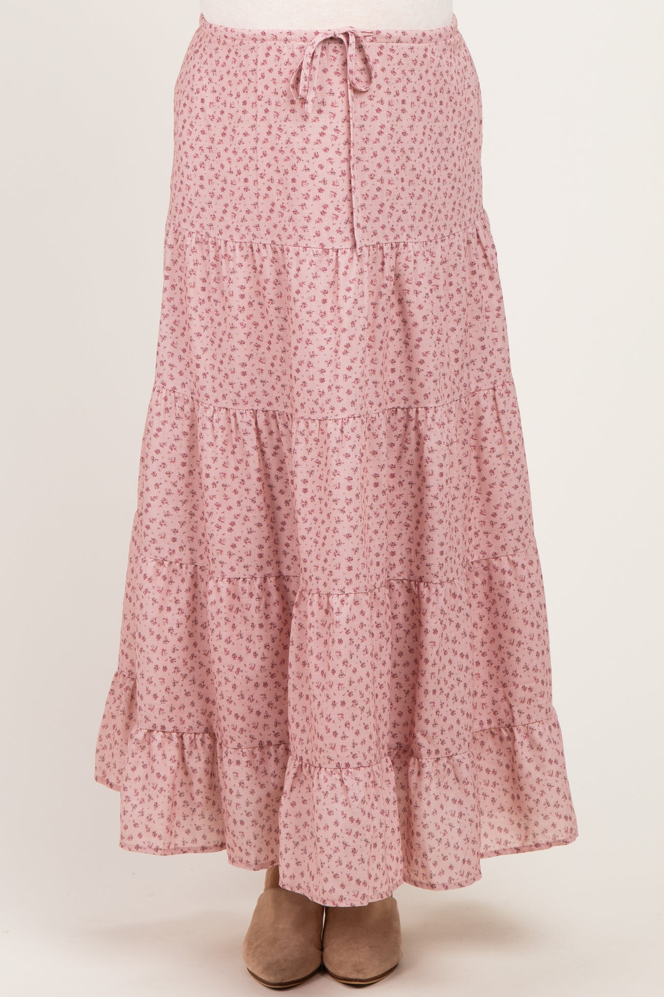 maternity wear floral maxi skirt in light pink with tiered ruffles and adjustable tie waist