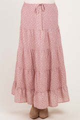 maternity wear floral maxi skirt in light pink with tiered ruffles and adjustable tie waist