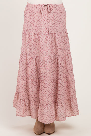 maternity wear floral maxi skirt in light pink with tiered ruffles and adjustable tie waist