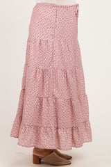 maternity wear pink floral tiered maxi skirt with ruffle hem and drawstring waist, model standing sideways