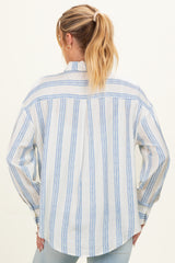 maternity wear oversized light blue and white striped shirt, shown from the back with relaxed fit and long sleeves