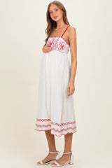 Red Floral Embroidery Scalloped Midi Dress