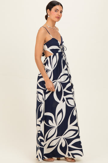 Navy Floral Cutout Halter Maxi Dress