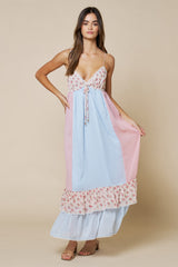 Light Blue Floral Colorblock Tiered Ruffle Maternity Maxi Dress
