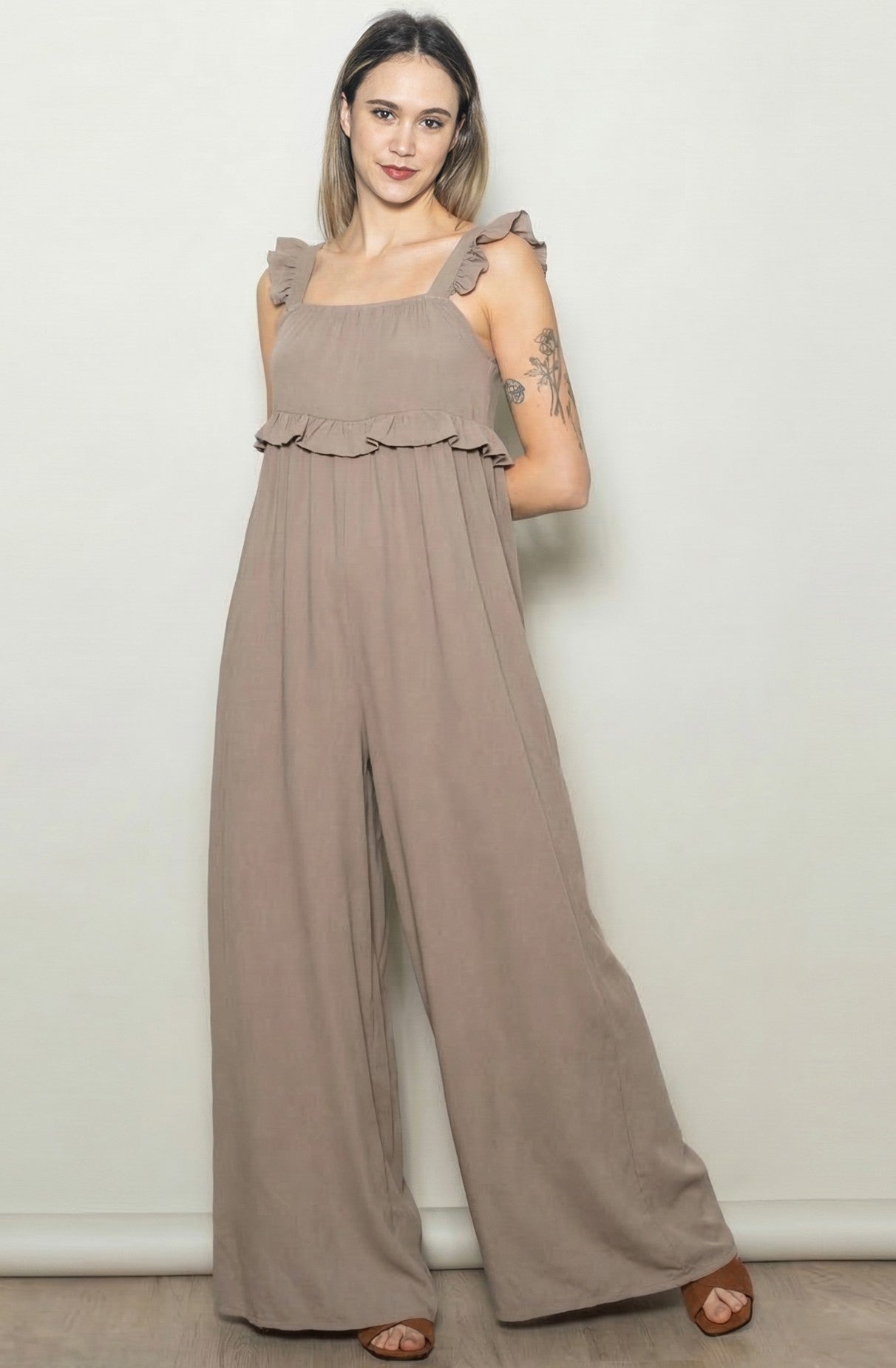Light Mocha Ruffle Strap Wide Leg Jumpsuit