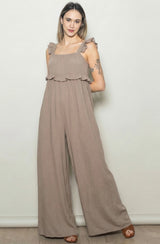 Light Mocha Ruffle Strap Wide Leg Jumpsuit