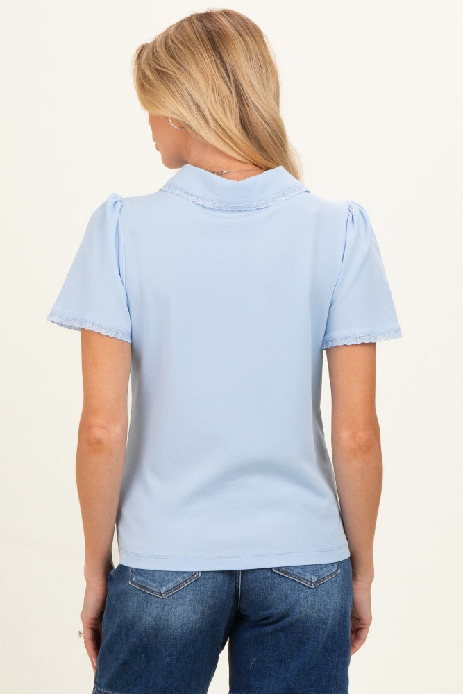 Sky Blue Lace Trim Maternity Polo Shirt