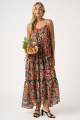 Black Floral Print V-Neck Tiered Maternity Maxi Dress