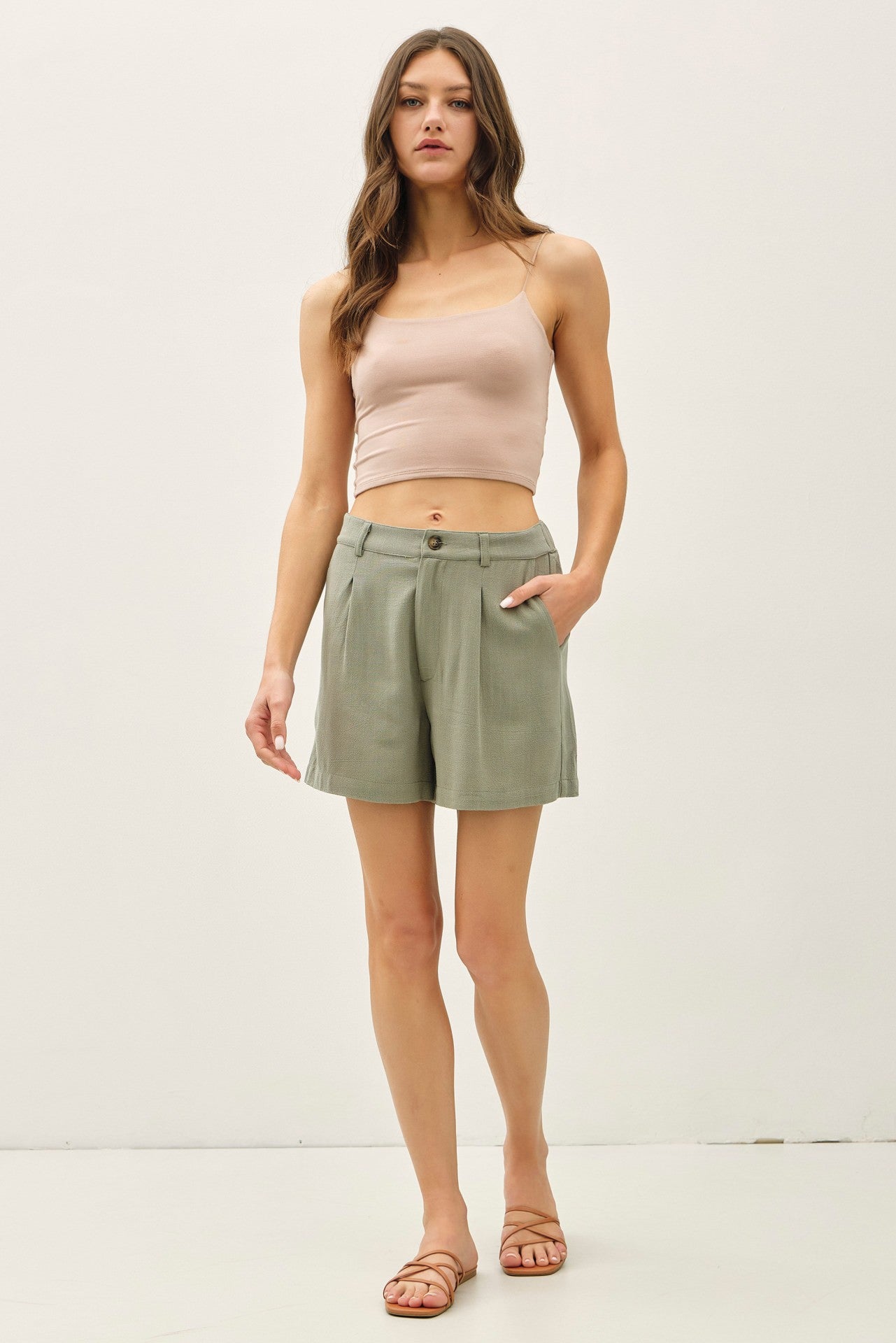 Dusty Spruce Linen Blend Maternity Shorts