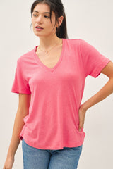 Guava Punch Linen Blend V-Neck Short Sleeve Maternity T-Shirt