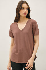 Choco Linen Blend V-Neck Short Sleeve Maternity T-Shirt