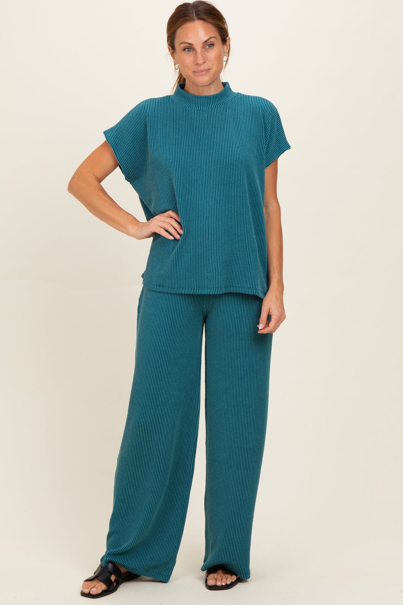 Teal Textured Rib Mock Neck Short Sleeve Pant Maternity Set