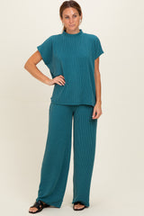 Teal Textured Rib Mock Neck Short Sleeve Pant Maternity Set