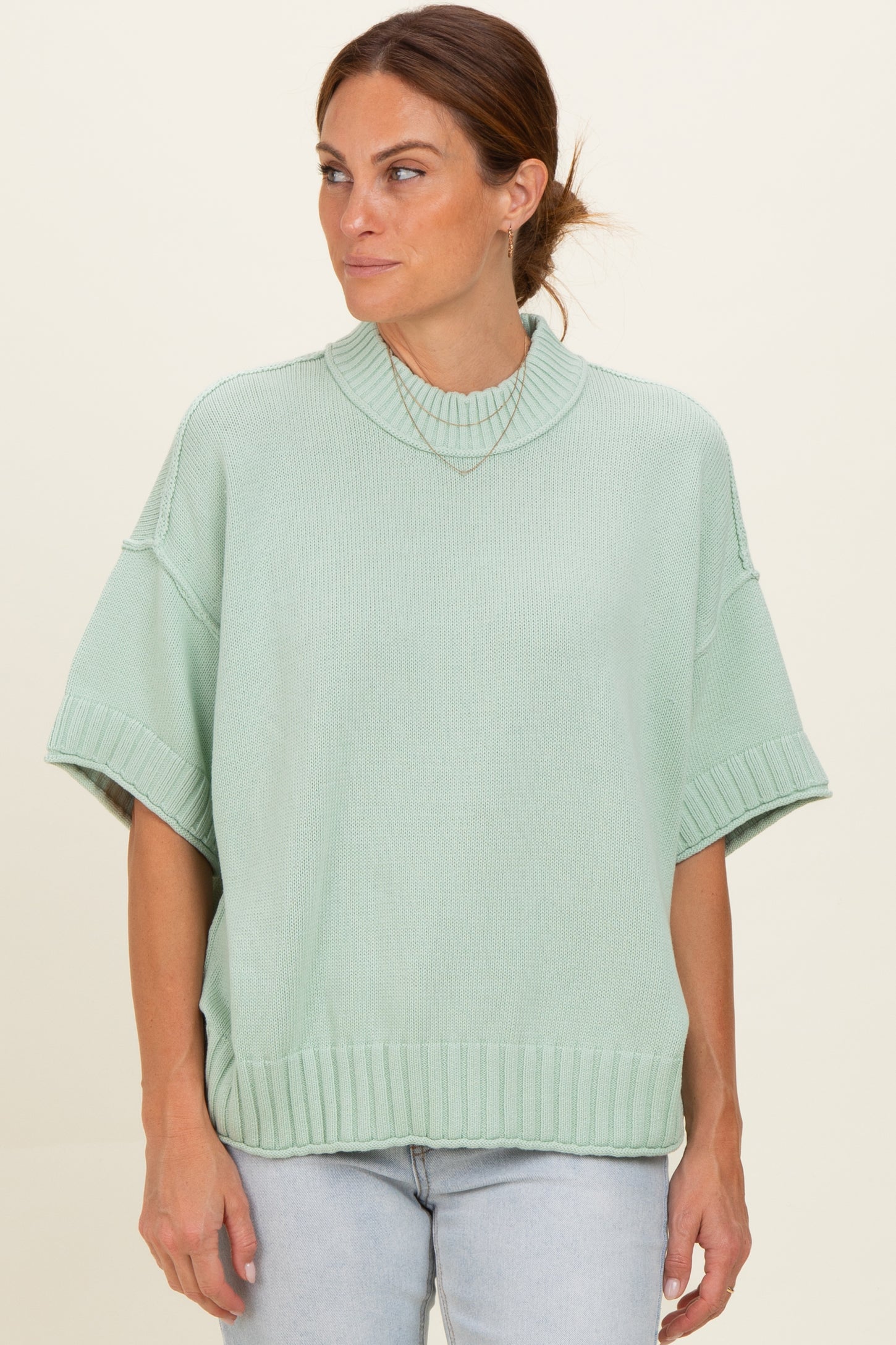 Mint Oversized Mock Neck Short Sleeve Maternity Sweater