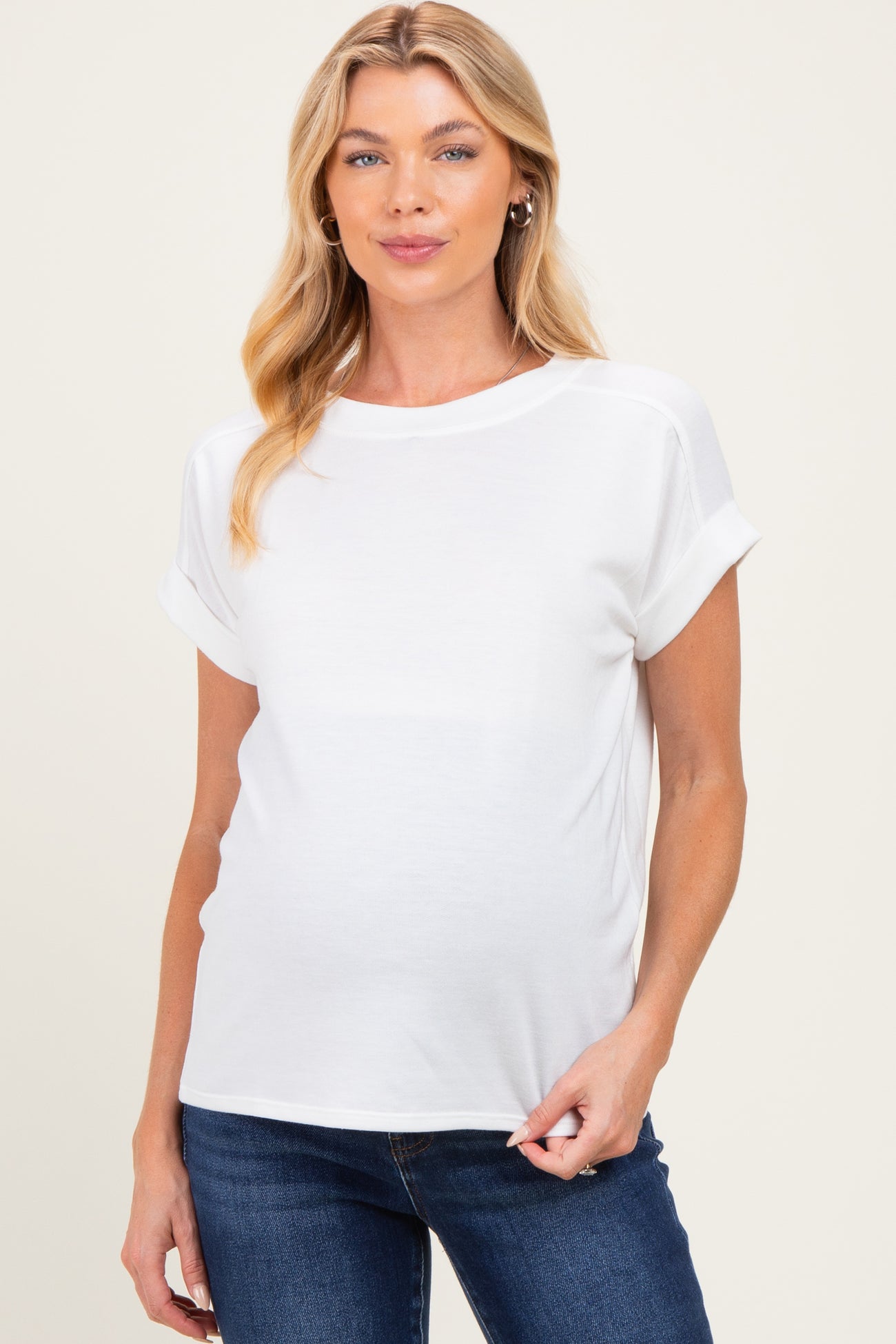 Ivory Rolled Cuff Sleeve Relaxed Fit Maternity Tee