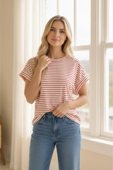 Red Striped Dolman Short Sleeve Top