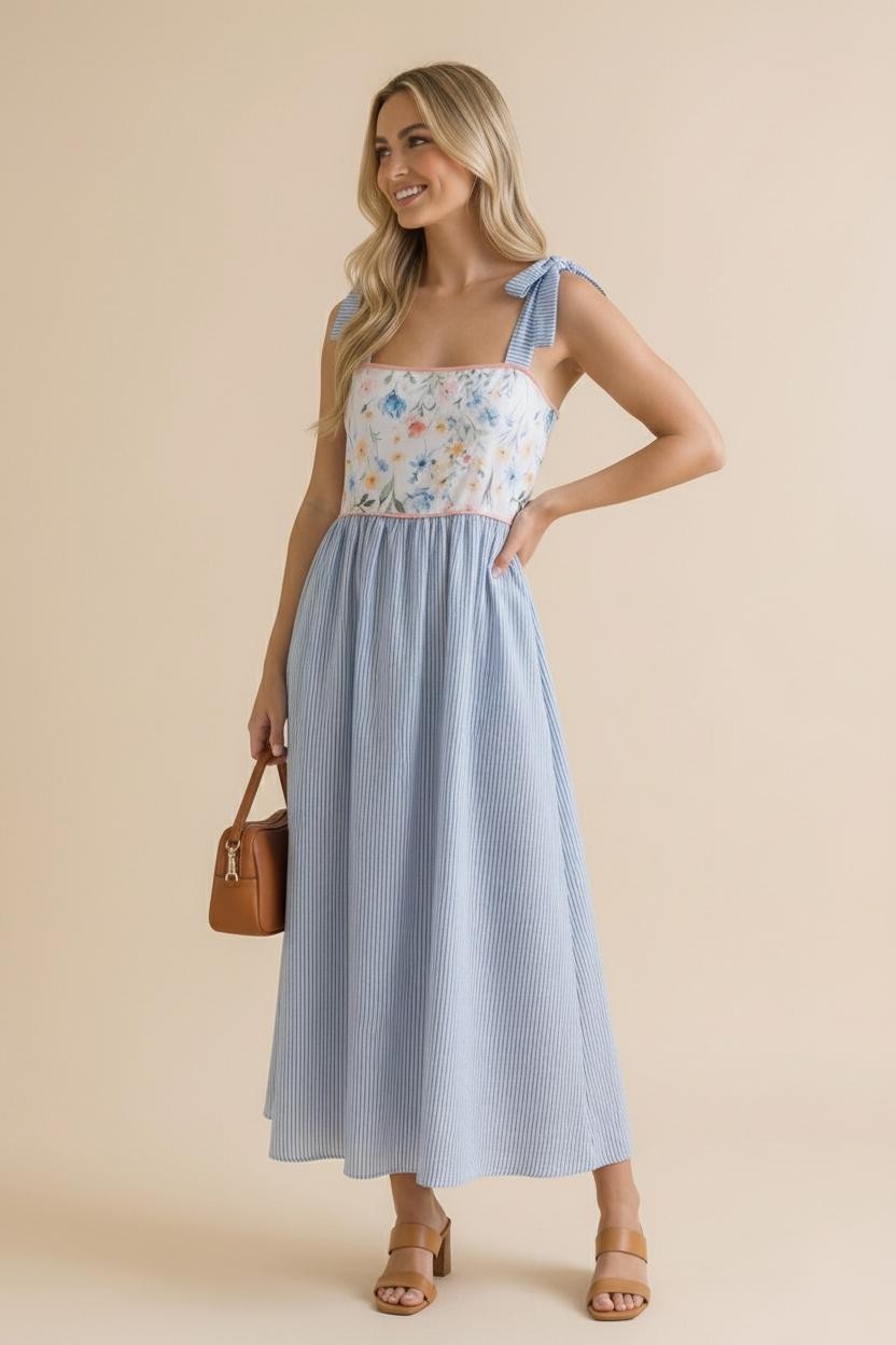 woman wearing a floral and striped maxi dress with tie straps and a fitted bodice, holding a small brown handbag