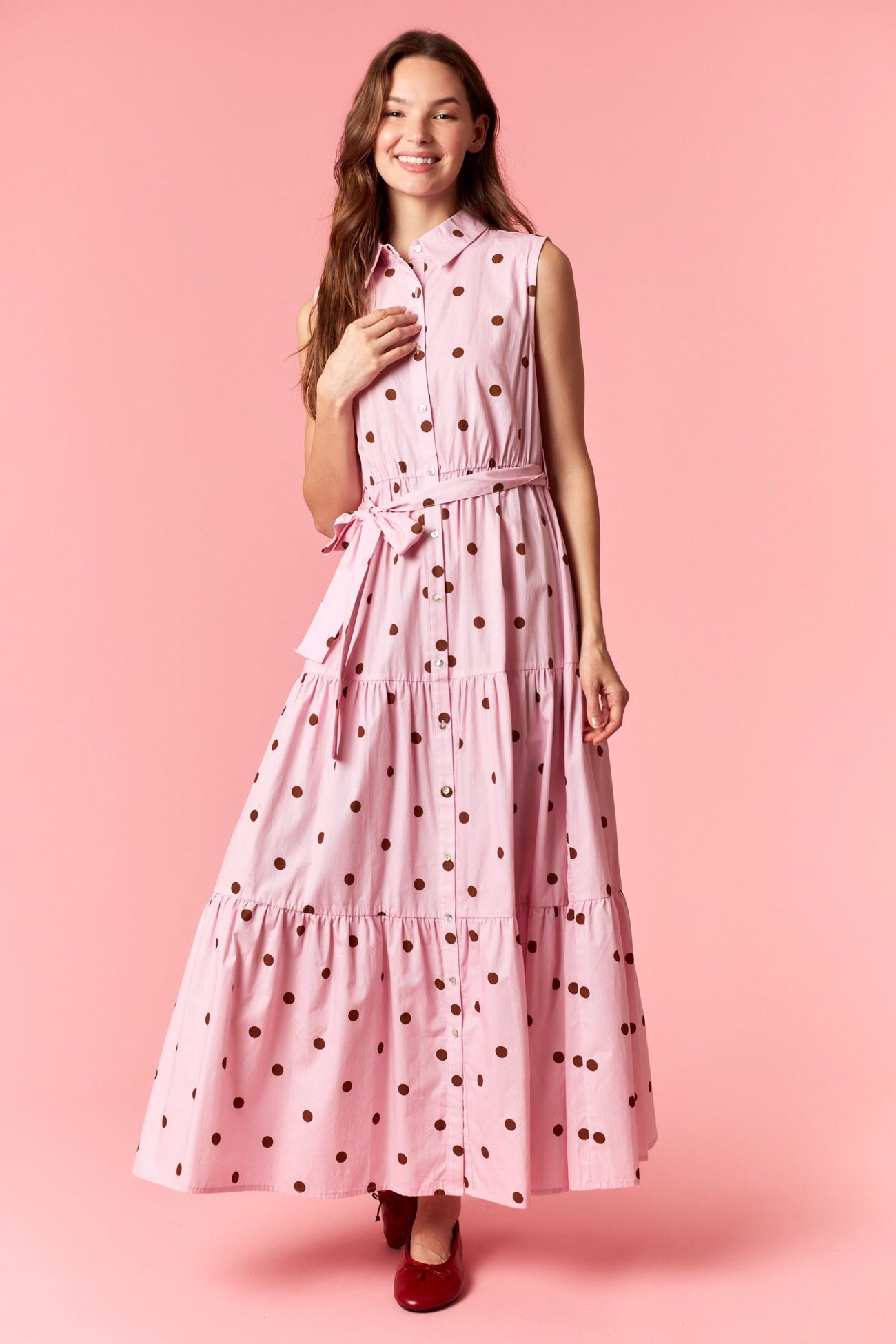 Light Pink Polka Dot Sleeveless Poplin Maternity Shirt Dress