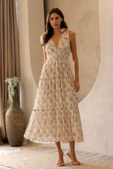 White Floral Shoulder Tie Deep V-Neck Tiered Maternity Maxi Dress