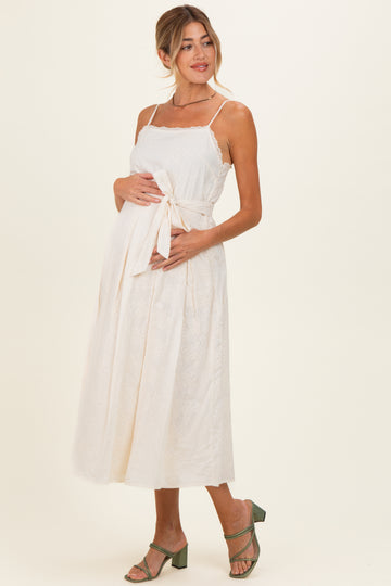 Cream Embroidered Tie Waist Maternity Midi Dress