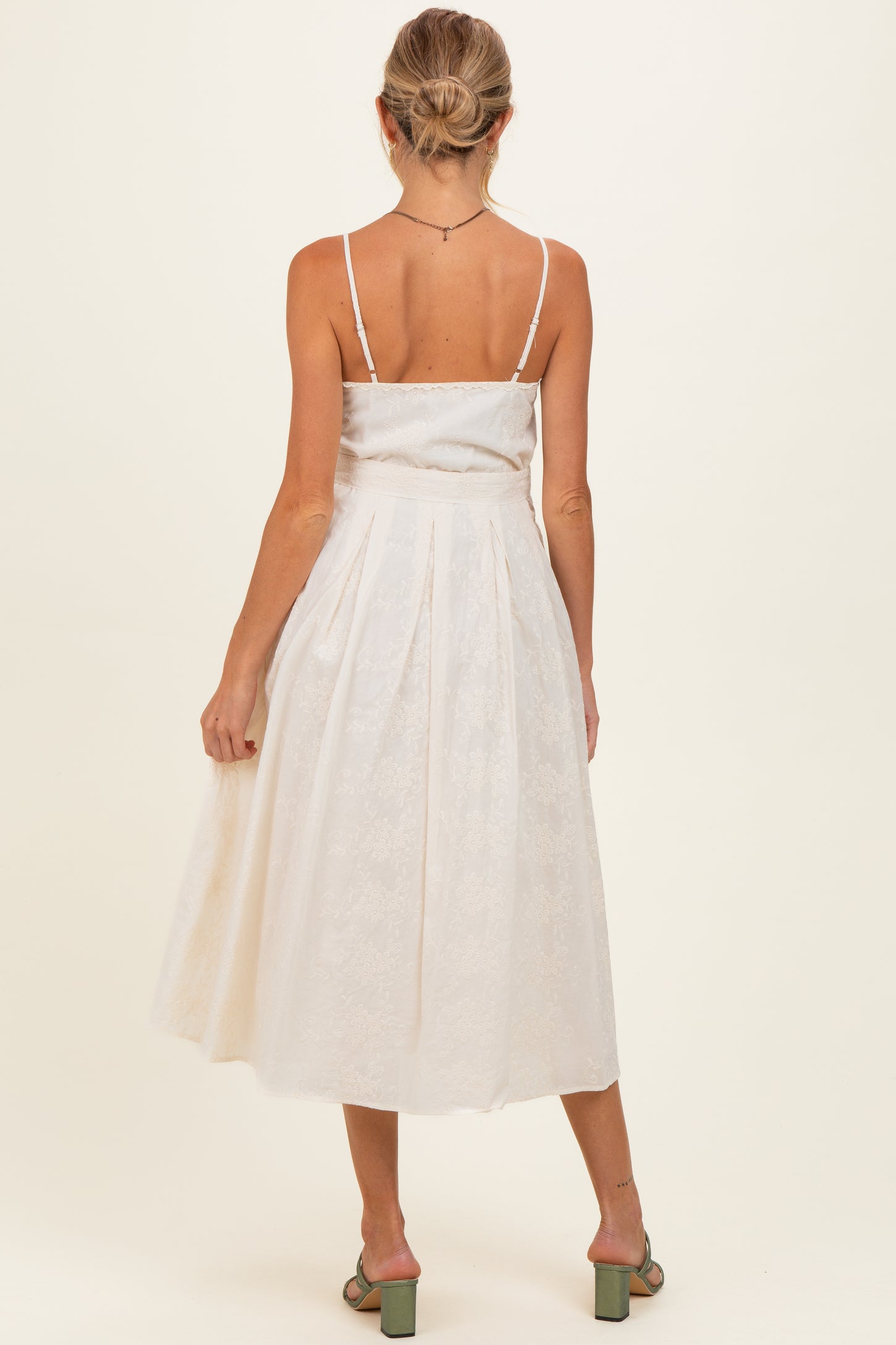 Cream Embroidered Tie Waist Maternity Midi Dress