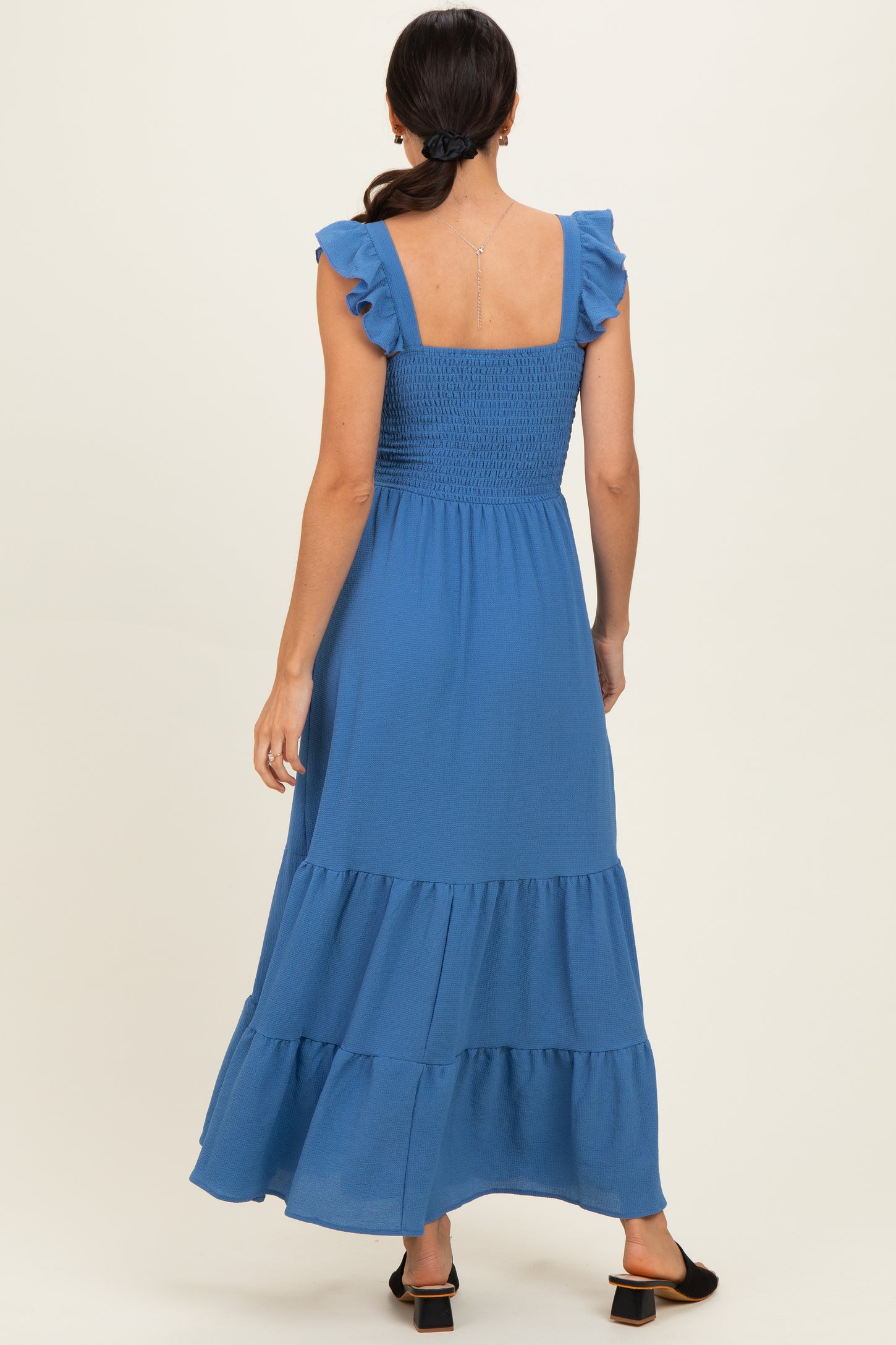 Blue Ruffle Strap Smocked Maxi Dress