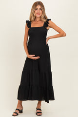 Black Ruffle Strap Smocked Maternity Maxi Dress
