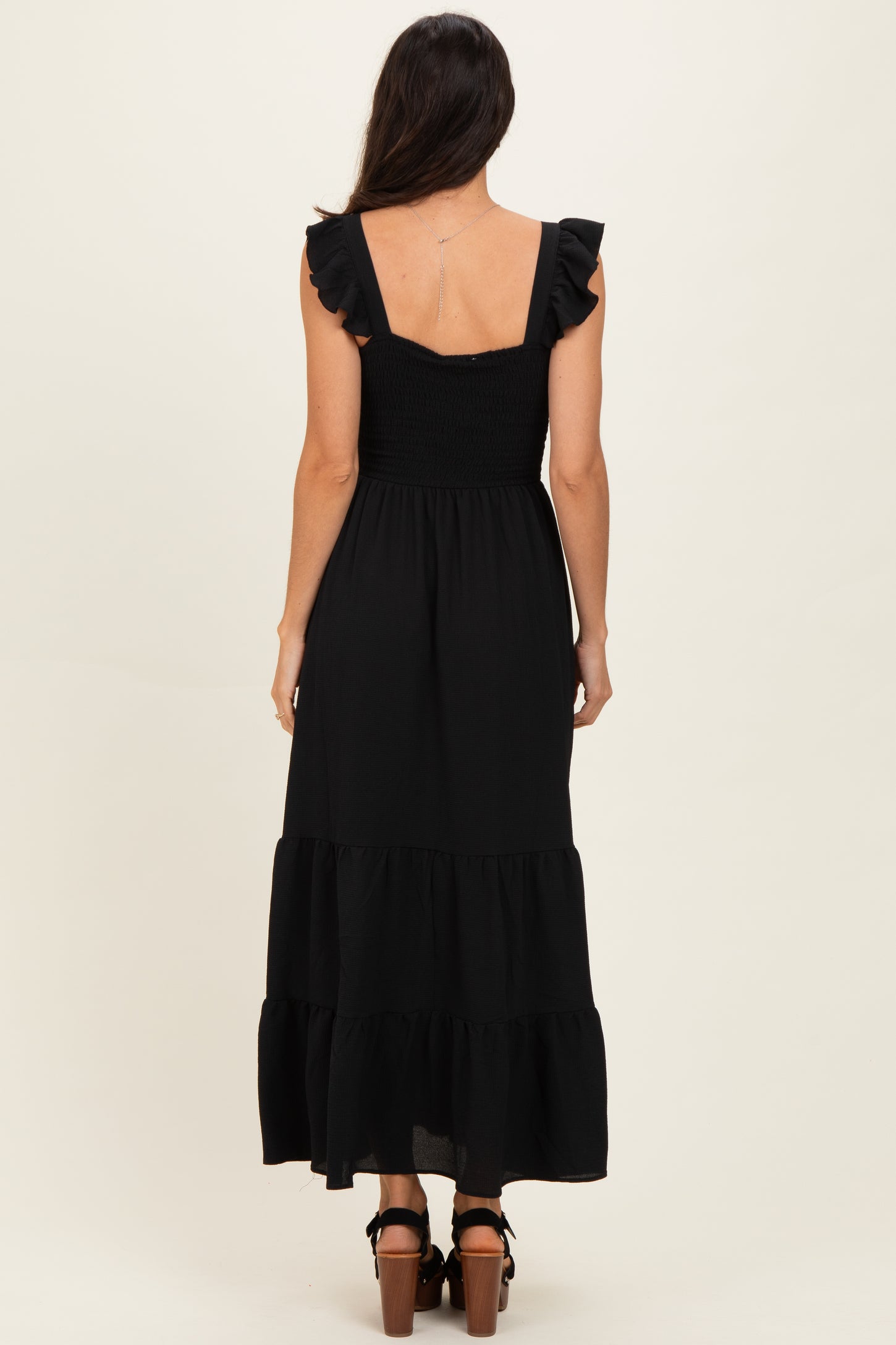 Black Ruffle Strap Smocked Maxi Dress