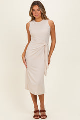 Beige Sleeveless Waist Tie Maternity Midi Dress