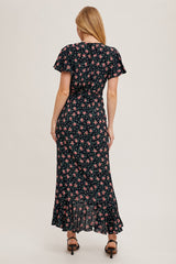 Red Floral Ruffled Hem Wrap Maxi Dress