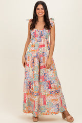 Multicolor Patchwork Print Ribbon Strap Maternity Maxi Dress