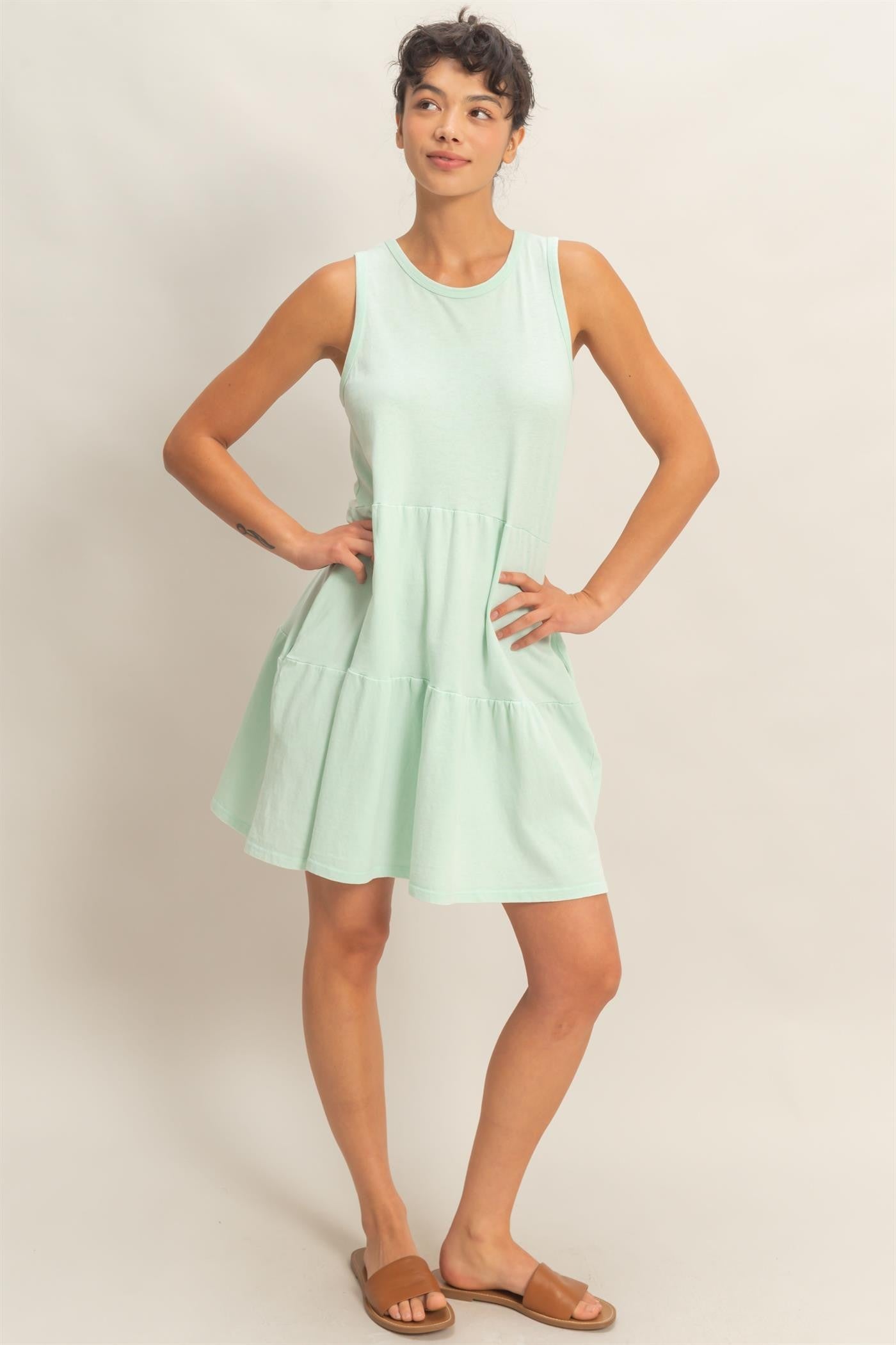 Mint Sleeveless Crewneck Tiered Mini Dress