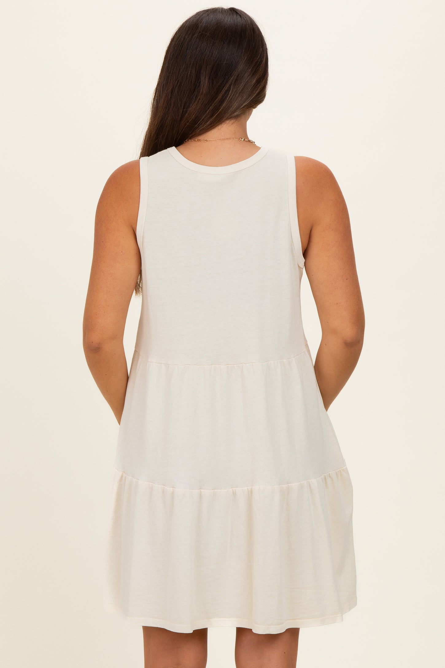 Cream Sleeveless Crewneck Tiered Maternity Mini Dress