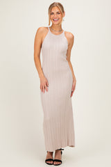 Sand Halter Ribbed Knit Maternity Maxi Dress